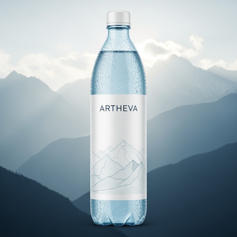 Create a realistic product composition featuring an ARTHEVA water bottle placed in front of a stylized Himalayan mountain illustration. Cool blue and white palette. Bottle remains realistic and sharp, foreground focus. Background is soft, misty mountains with sunlight rays. Water droplets on bottle surface for freshness. Clean premium label with subtle mountain line-art. Natural daylight lighting, cinematic depth, eco-pure mood, high resolution, advertising quality.