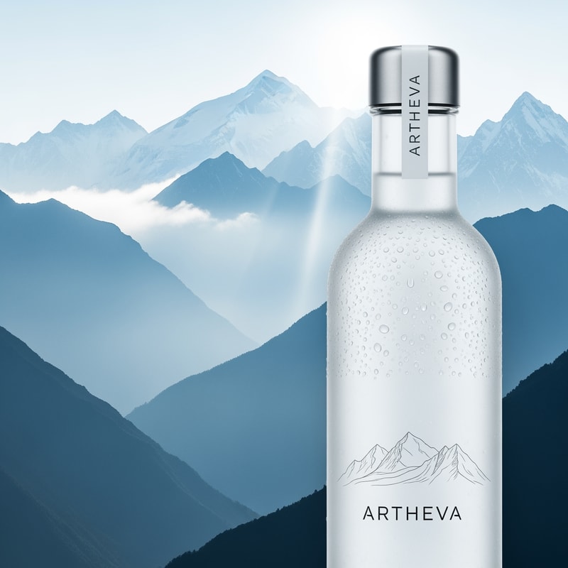 Create a realistic product composition featuring an ARTHEVA water bottle placed in front of a stylized Himalayan mountain illustration. Cool blue and white palette. Bottle remains realistic and sharp, foreground focus. Background is soft, misty mountains with sunlight rays. Water droplets on bottle surface for freshness. Clean premium label with subtle mountain line-art. Natural daylight lighting, cinematic depth, eco-pure mood, high resolution, advertising quality.