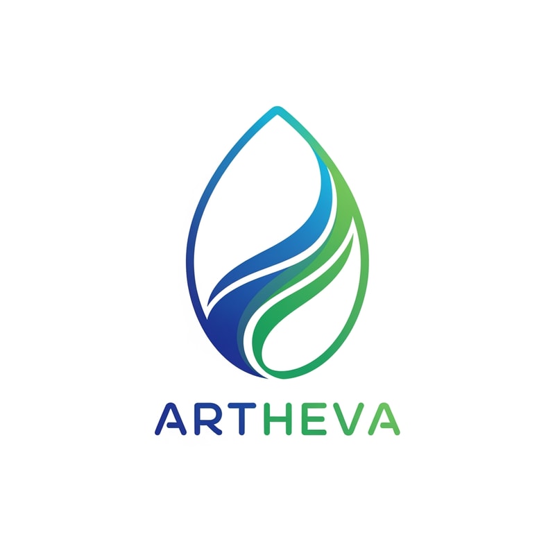 Design a modern logo for ARTHEVA where an abstract leaf-shaped outline encloses smooth flowing curves representing purified water movement. No droplet tip, no bottle shape. The inner flow lines should feel soft and fresh. Use gradient tones of deep blue + fresh green. Typography clean, rounded sans-serif, lowercase or mixed case. White background, flat vector, scalable for labels.