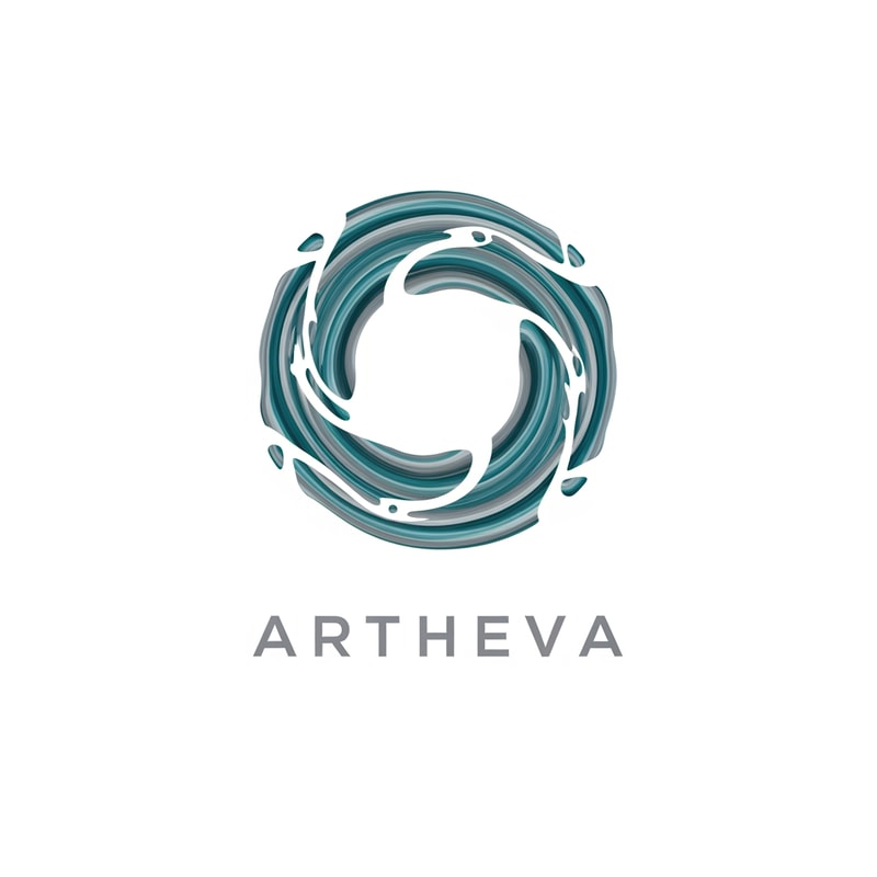 Create a luxury abstract logo for “ARTHEVA” using a circular ring formed from layered mineral-flow strokes. The ring should have subtle breaks to suggest natural water circulation and sustainability. Use cool teal and platinum grey colors. Minimal, high-end branding style. Flat vector logo with strong balance and negative space.