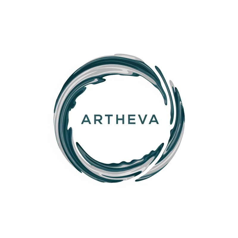 Create a luxury abstract logo for “ARTHEVA” using a circular ring formed from layered mineral-flow strokes. The ring should have subtle breaks to suggest natural water circulation and sustainability. Use cool teal and platinum grey colors. Minimal, high-end branding style. Flat vector logo with strong balance and negative space.