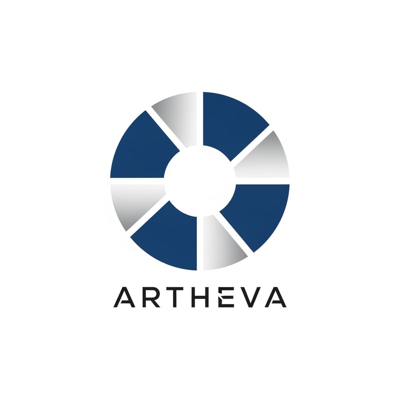 Design a premium abstract logo for ARTHEVA using a circular form split into clean geometric segments. No water, no bottle, no droplet. Use symmetry and negative space to represent origin and precision. Color palette: deep blue + soft silver. Flat vector style, scalable, luxury corporate identity. Minimal typography, modern sans-serif wordmark.