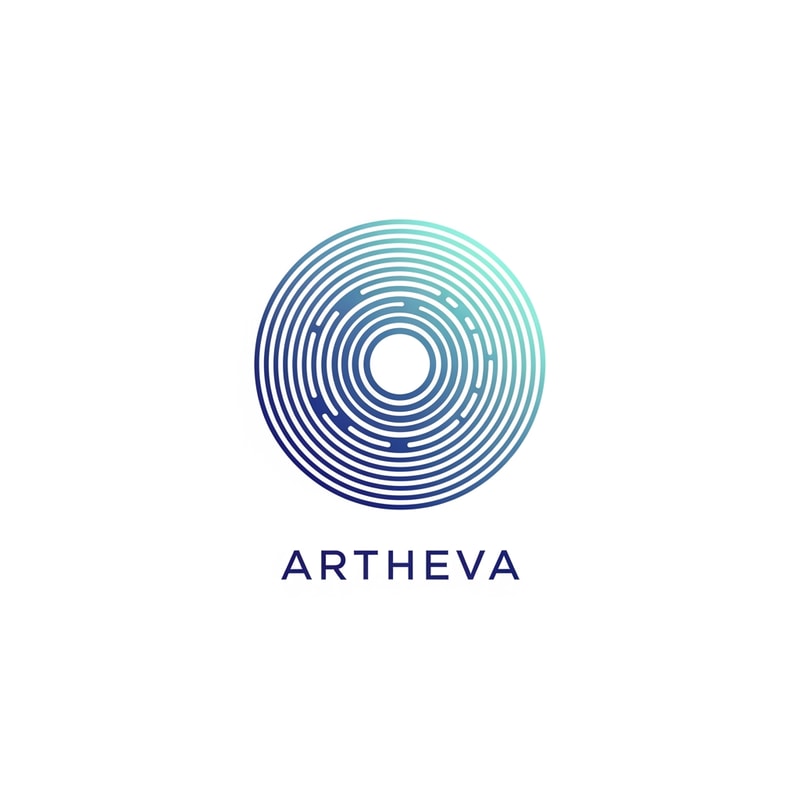 Design a premium abstract logo for ARTHEVA featuring concentric ripple lines forming a circular core. The ripples are geometric and minimal, not realistic waves. No droplet, no bottle. Lines should feel calm, controlled, and precise. Use deep blue and soft aqua gradient. Flat vector logo, modern corporate identity, suitable for embossing and foil stamping.