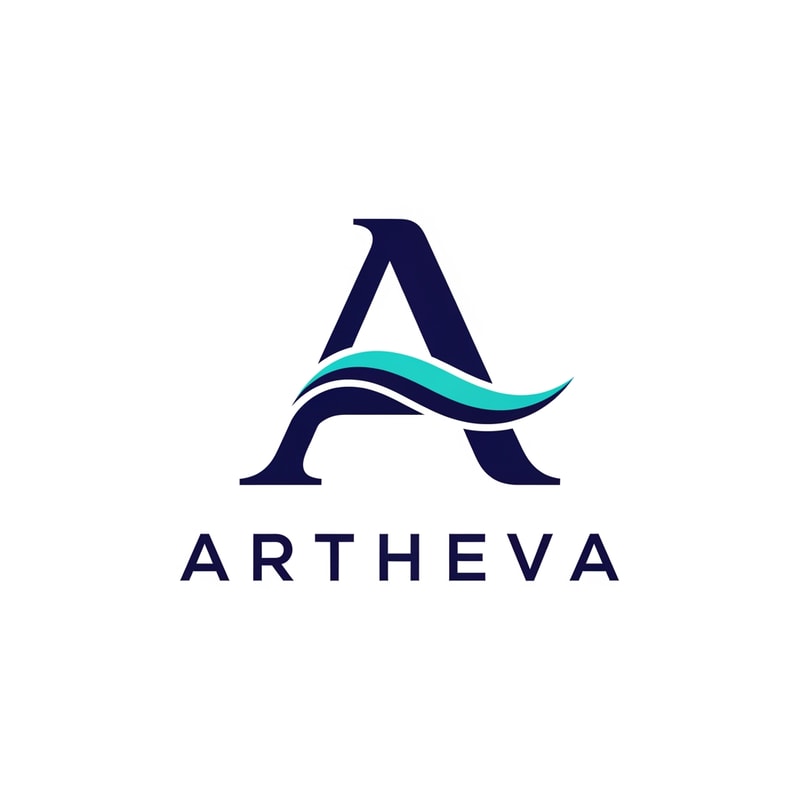 Design a creative monogram logo for “ARTHEVA” by transforming the letter “A” into a flowing abstract wave form. The wave should feel elegant and controlled, representing pure mineral water movement. Avoid obvious wave clichés. Use navy blue and aqua tones. Modern sans-serif typography. Flat, minimal, scalable logo suitable for packaging and digital use.