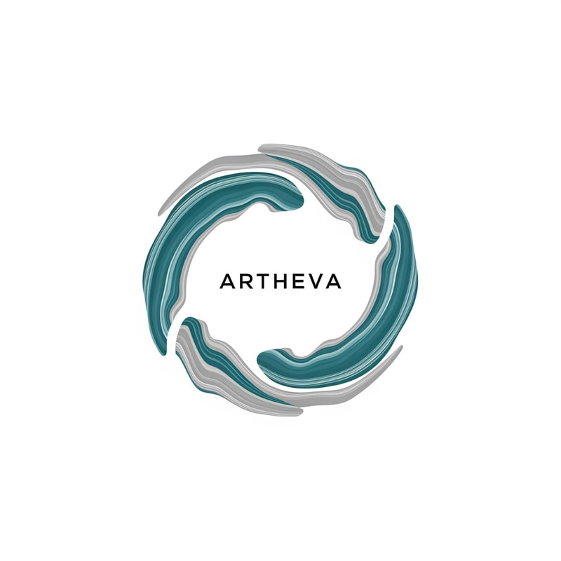 Create a luxury abstract logo for “ARTHEVA” using a circular ring formed from layered mineral-flow strokes. The ring should have subtle breaks to suggest natural water circulation and sustainability. Use cool teal and platinum grey colors. Minimal, high-end branding style. Flat vector logo with strong balance and negative space.