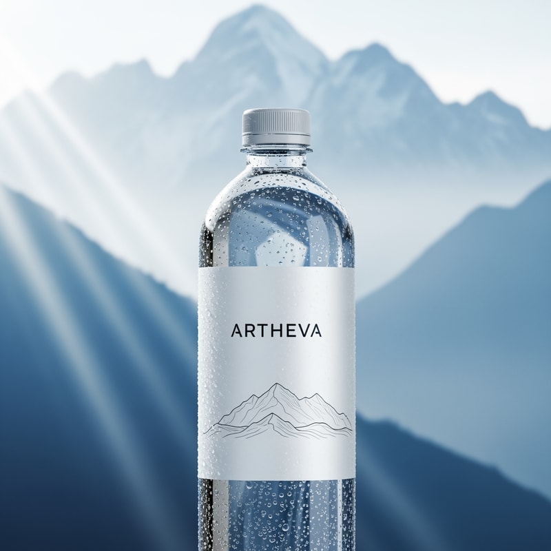 Create a realistic product composition featuring an ARTHEVA water bottle placed in front of a stylized Himalayan mountain illustration. Cool blue and white palette. Bottle remains realistic and sharp, foreground focus. Background is soft, misty mountains with sunlight rays. Water droplets on bottle surface for freshness. Clean premium label with subtle mountain line-art. Natural daylight lighting, cinematic depth, eco-pure mood, high resolution, advertising quality.