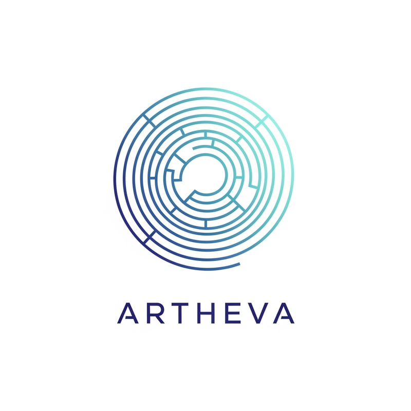 Design a premium abstract logo for ARTHEVA featuring concentric ripple lines forming a circular core. The ripples are geometric and minimal, not realistic waves. No droplet, no bottle. Lines should feel calm, controlled, and precise. Use deep blue and soft aqua gradient. Flat vector logo, modern corporate identity, suitable for embossing and foil stamping.
