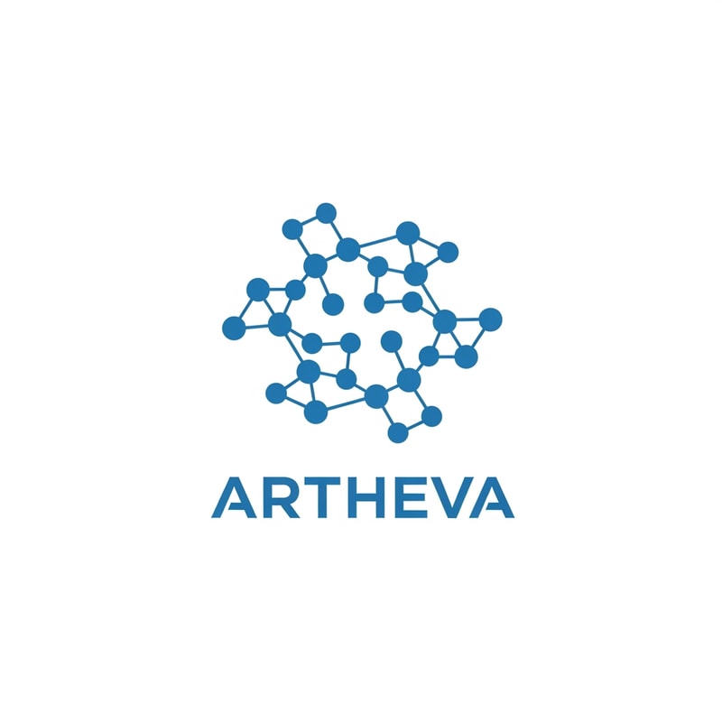 Design a logo for ARTHEVA using connected dots and lines arranged in a balanced abstract pattern, inspired by molecular structure but not literal. Clean, modern, tech-purity look. Blue-white palette. Flat vector.