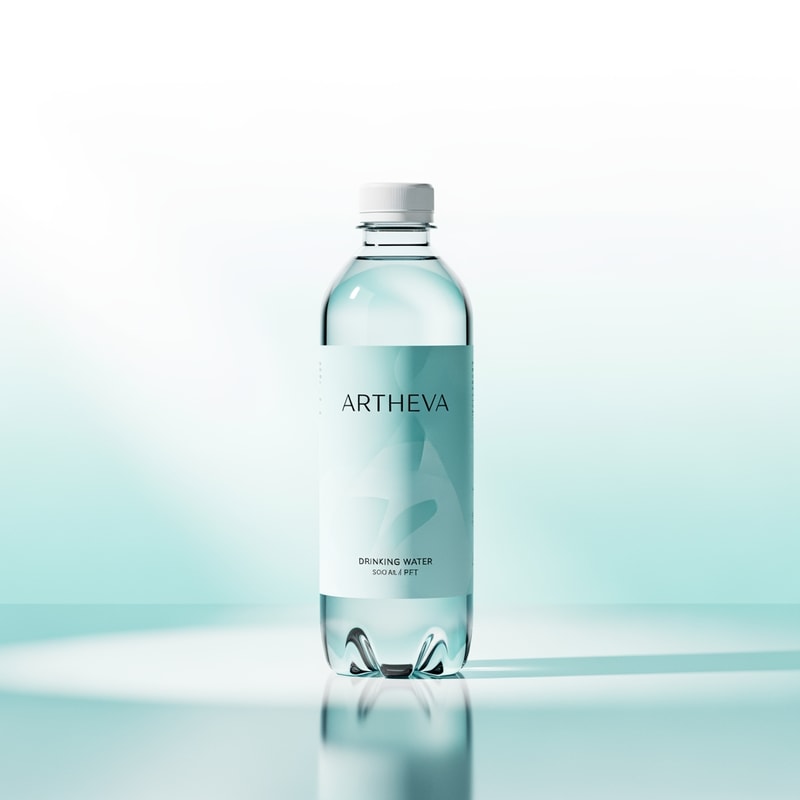 Create a high-end studio product image of an ARTHEVA packaged drinking water bottle, standing upright on a subtle reflective surface. Bottle design is clean and modern with soft aqua-blue tones, transparent PET bottle, minimal typography, and a matte white cap. Background is light gradient (white to pale aqua), soft studio lighting from both sides, gentle reflections, no harsh shadows. Label design uses thin serif + modern sans font combination, premium spacing, no clutter. Overall feel: pure, calm, clinical-grade cleanliness. 4K, commercial photography style, print-ready.