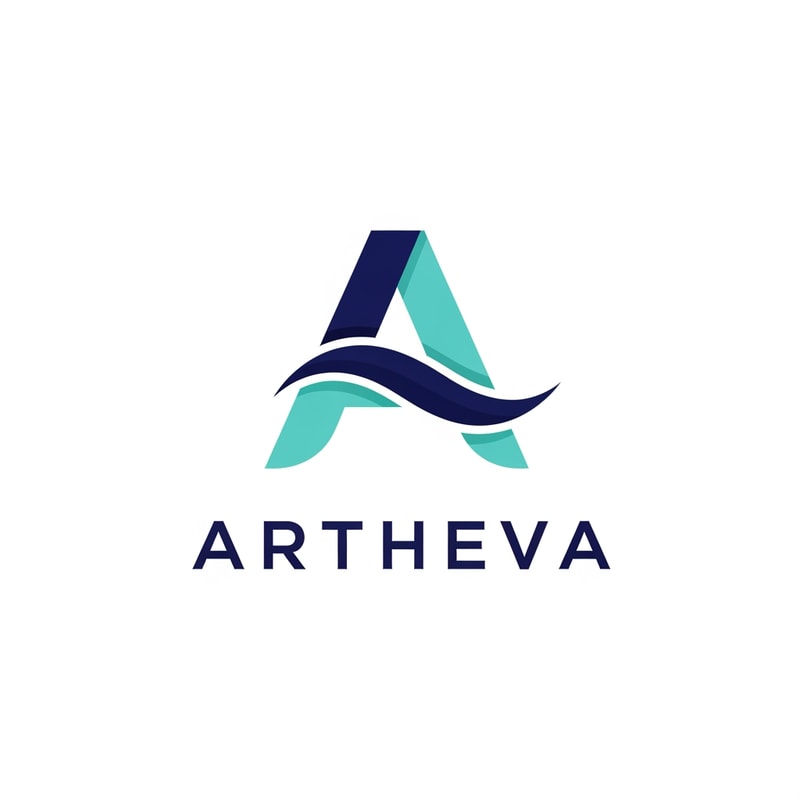 Design a creative monogram logo for “ARTHEVA” by transforming the letter “A” into a flowing abstract wave form. The wave should feel elegant and controlled, representing pure mineral water movement. Avoid obvious wave clichés. Use navy blue and aqua tones. Modern sans-serif typography. Flat, minimal, scalable logo suitable for packaging and digital use.