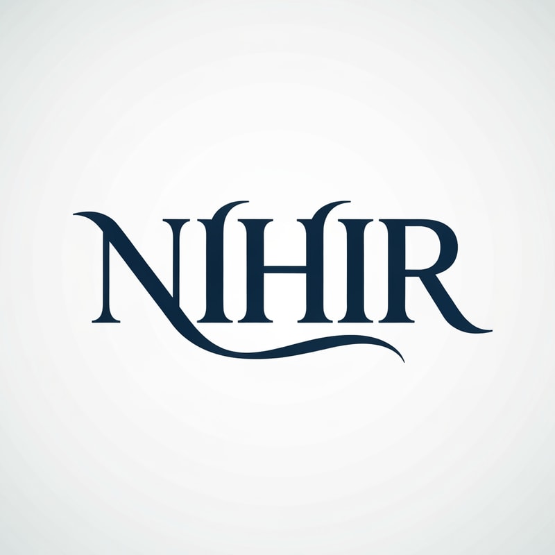 Design a premium logo for "NIHIR" using a bold classy serif typography.

Create custom letterforms with soft flowing curves inspired by controlled water movement.
- Slight curvature in terminals (end strokes)
- Smooth transitions in letters like N, H, and R
- Add subtle thickness variation (thick → thin → thick)

Special detail:
- Extend the tail of "R" into a refined fluid curve
- Keep flow calm and engineered, not decorative

Style:
- Luxury, minimal, high-end
- Clean and balanced composition

Color:
- Deep navy blue (#0A1F44) with very subtle aqua highlight

Background:
- White or soft premium gradient

Lighting:
- Soft, controlled studio light