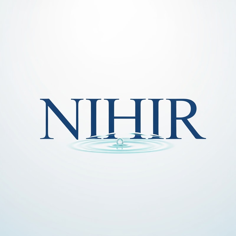 Design a minimal premium logo for "NIHIR" using elegant serif typography.

Typography:
- Clean bold serif font
- Balanced and refined

Water concept:
- Add a very subtle ripple interaction
- Either:
  • small ripple rings below text
  OR
  • slight distortion in baseline of letters

Important:
- Ripple must be extremely minimal and only visible on close observation

Style:
- Scientific, calm, minimal luxury

Color:
- Deep blue with soft aqua accent

Background:
- White or light gradient

Lighting:
- Flat or very soft glow