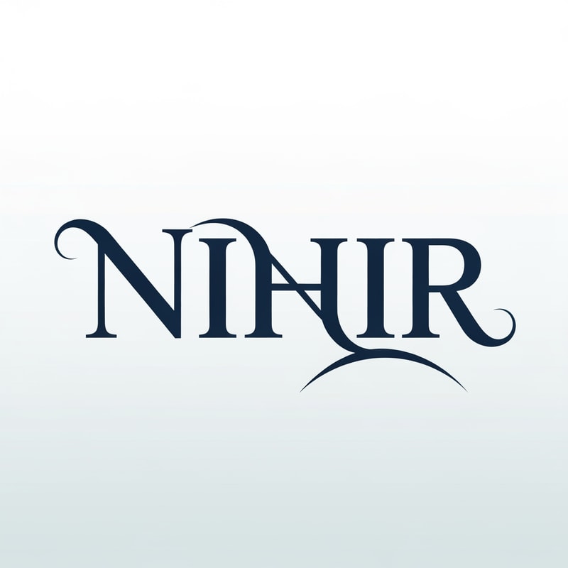 Design a premium logo for "NIHIR" using a bold classy serif typography.

Create custom letterforms with soft flowing curves inspired by controlled water movement.
- Slight curvature in terminals (end strokes)
- Smooth transitions in letters like N, H, and R
- Add subtle thickness variation (thick → thin → thick)

Special detail:
- Extend the tail of "R" into a refined fluid curve
- Keep flow calm and engineered, not decorative

Style:
- Luxury, minimal, high-end
- Clean and balanced composition

Color:
- Deep navy blue (#0A1F44) with very subtle aqua highlight

Background:
- White or soft premium gradient

Lighting:
- Soft, controlled studio light