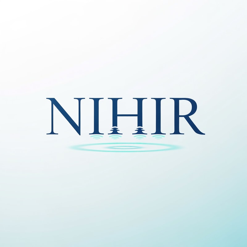 Design a minimal premium logo for "NIHIR" using elegant serif typography.

Typography:
- Clean bold serif font
- Balanced and refined

Water concept:
- Add a very subtle ripple interaction
- Either:
  • small ripple rings below text
  OR
  • slight distortion in baseline of letters

Important:
- Ripple must be extremely minimal and only visible on close observation

Style:
- Scientific, calm, minimal luxury

Color:
- Deep blue with soft aqua accent

Background:
- White or light gradient

Lighting:
- Flat or very soft glow