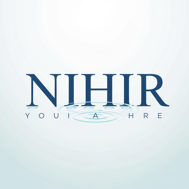 Design a minimal premium logo for "NIHIR" using elegant serif typography.

Typography:
- Clean bold serif font
- Balanced and refined

Water concept:
- Add a very subtle ripple interaction
- Either:
  • small ripple rings below text
  OR
  • slight distortion in baseline of letters

Important:
- Ripple must be extremely minimal and only visible on close observation

Style:
- Scientific, calm, minimal luxury

Color:
- Deep blue with soft aqua accent

Background:
- White or light gradient

Lighting:
- Flat or very soft glow