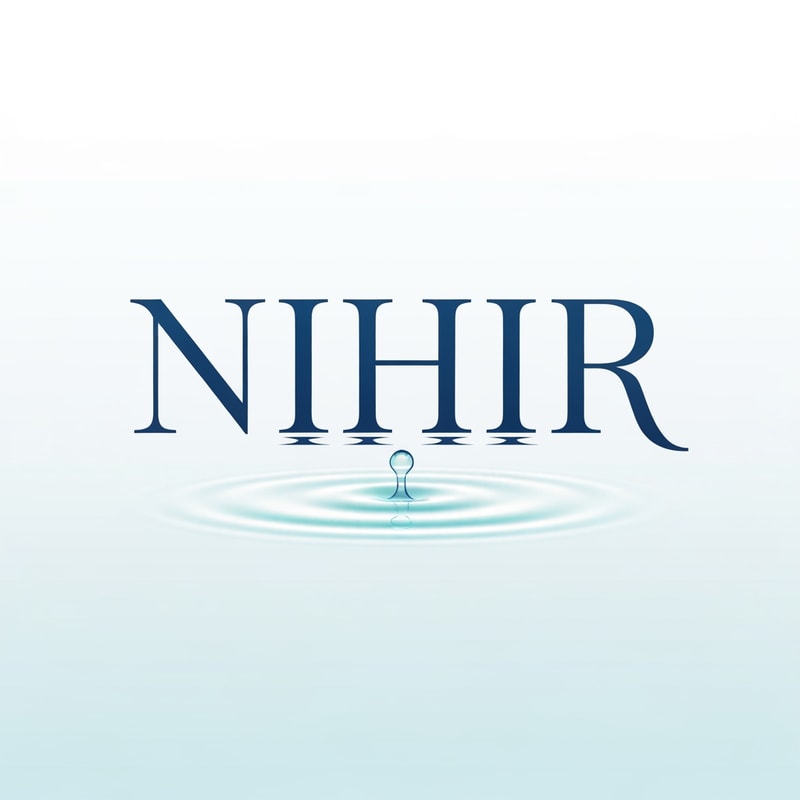 Design a minimal premium logo for "NIHIR" using elegant serif typography.

Typography:
- Clean bold serif font
- Balanced and refined

Water concept:
- Add a very subtle ripple interaction
- Either:
  • small ripple rings below text
  OR
  • slight distortion in baseline of letters

Important:
- Ripple must be extremely minimal and only visible on close observation

Style:
- Scientific, calm, minimal luxury

Color:
- Deep blue with soft aqua accent

Background:
- White or light gradient

Lighting:
- Flat or very soft glow