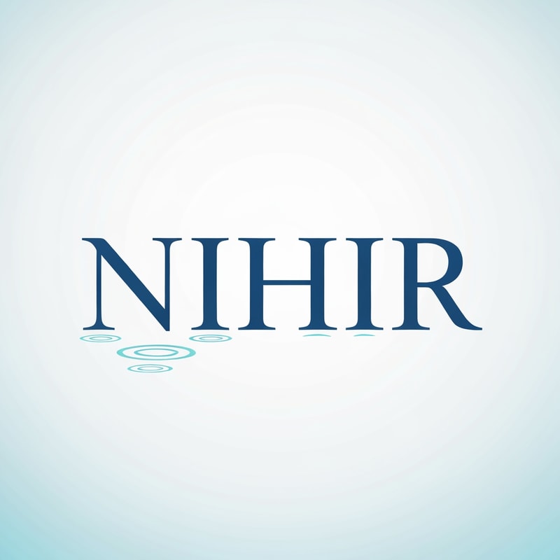 Design a minimal premium logo for "NIHIR" using elegant serif typography.

Typography:
- Clean bold serif font
- Balanced and refined

Water concept:
- Add a very subtle ripple interaction
- Either:
  • small ripple rings below text
  OR
  • slight distortion in baseline of letters

Important:
- Ripple must be extremely minimal and only visible on close observation

Style:
- Scientific, calm, minimal luxury

Color:
- Deep blue with soft aqua accent

Background:
- White or light gradient

Lighting:
- Flat or very soft glow