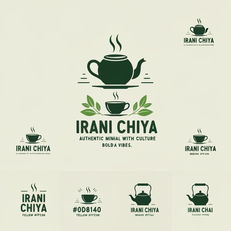 “Create a modern, eye-catching logo for a café brand called Irani Chiya. The logo should strongly represent authentic tea culture with bold tea vibes. Use a clean, minimal yet premium design style. Include elements like a steaming tea cup, tea leaves, or traditional Irani tea kettle — but ensure the design feels modern and iconic.
Primary colors must be: Green #0D8140 and Yellow #FFF200 — use them prominently for contrast and brand recognition. The typography should be bold, readable, and slightly vintage to match Irani chai aesthetics. The overall look should feel warm, welcoming, and memorable, suitable for packaging, signage, and branding. Produce multiple variations: emblem style, icon-based, and wordmark versions.”
