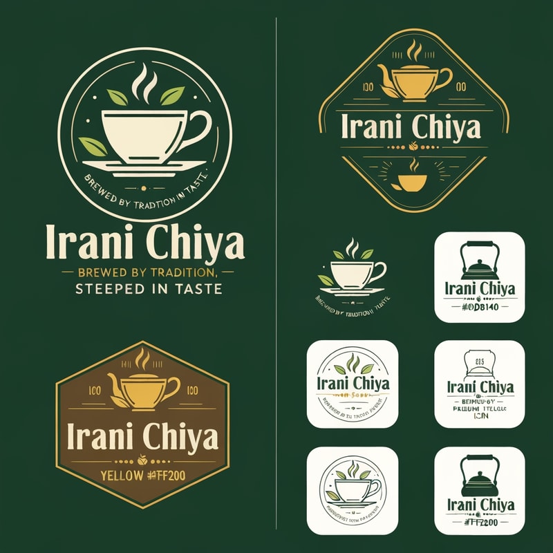 “Create a modern, eye-catching logo for a café brand called Irani Chiya. The logo should strongly represent authentic tea culture with bold tea vibes. Include the slogan: ‘BREWED BY TRADITION, STEEPED IN TASTE’.
Use a clean, minimal yet premium design style. Incorporate elements like a steaming tea cup, tea leaves, or a traditional Irani tea kettle, but keep the design modern, iconic, and brandable.
Primary brand colors must be: Green #0D8140 and Yellow #FFF200 — use them prominently for contrast, vibrance, and recognition.
Typography should be bold, slightly vintage, and highly readable to match Irani chai heritage. The overall logo should feel warm, inviting, and memorable.
Generate variations including emblem style, icon-focused, badge-style, and wordmark versions with the slogan.”