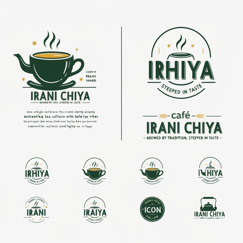 “Create a modern, eye-catching logo for a café brand called Irani Chiya. The logo should strongly represent authentic tea culture with bold tea vibes. Include the slogan: ‘BREWED BY TRADITION, STEEPED IN TASTE’.
Use a clean, minimal yet premium design style. Incorporate elements like a steaming tea cup, tea leaves, or a traditional Irani tea kettle, but keep the design modern, iconic, and brandable.
Primary brand colors must be: Green #0D8140 and Yellow #FFF200 — use them prominently for contrast, vibrance, and recognition.
Typography should be bold, slightly vintage, and highly readable to match Irani chai heritage. The overall logo should feel warm, inviting, and memorable.
Generate variations including emblem style, icon-focused, badge-style, and wordmark versions with the slogan.”