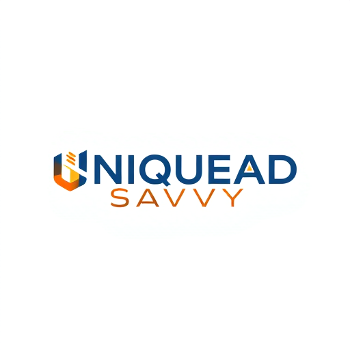 Professional logo design. Design a bold wordmark logo for UNIQUEAD SAVVY in uppercase lettering, with a dynamic symbol of arrows, analytics bars, or motion lines integrated into the text. Use contrasting colors (deep blue + orange highlights) to reflect growth, performance, and digital connectivity.