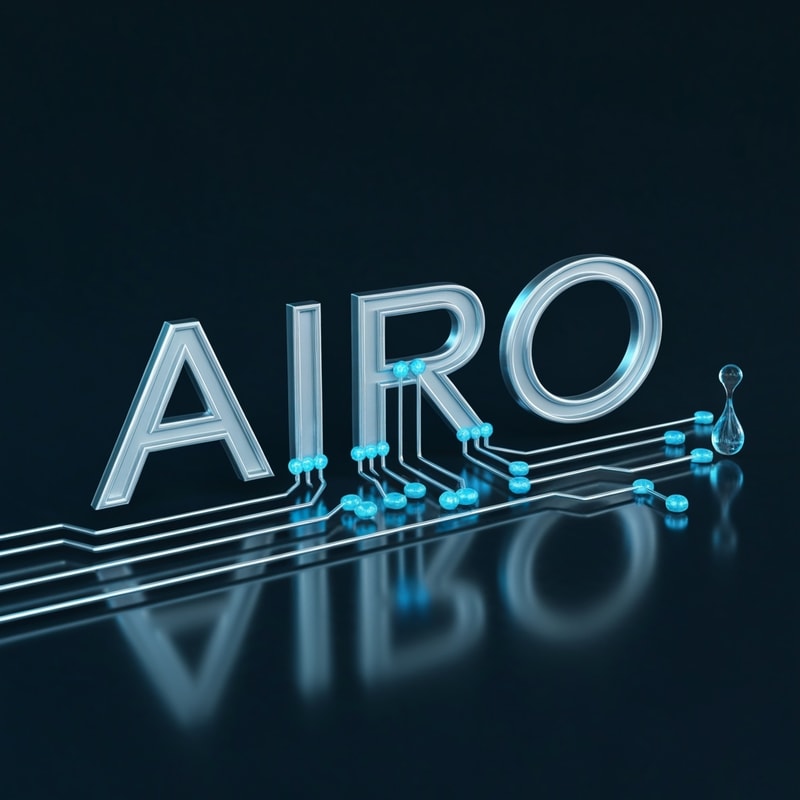 Concept: The word AIRO is connected through ultra-thin metallic lines like a microchip circuit, with one main line flowing into a small droplet at the end — symbolizing data transforming into purity.
Mood: Precision engineering meets water innovation.
Colors: Steel silver, neon blue, glass reflections.