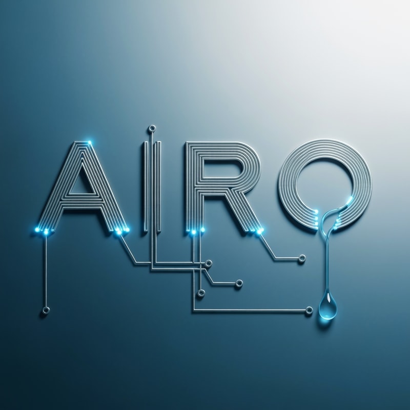 Concept: The word AIRO is connected through ultra-thin metallic lines like a microchip circuit, with one main line flowing into a small droplet at the end — symbolizing data transforming into purity.
Mood: Precision engineering meets water innovation.
Colors: Steel silver, neon blue, glass reflections.