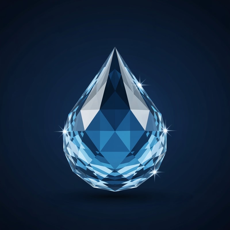 Concept: A faceted crystal droplet — every face reflecting like glass metal, symbolizing advanced purification layers and precision.
Mood: Luxury tech, innovation, clarity.
Colors: Deep blue gradients with silver glass shine.