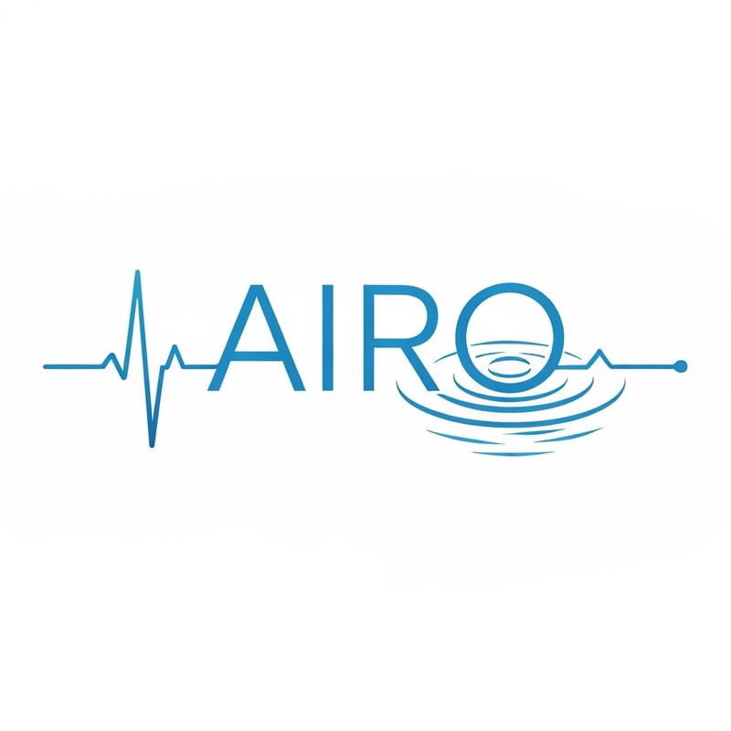 Flat-line ECG pulse passes horizontally through the “AIRO” text, converting midway into a water ripple. Thin clean stroke weight, two-tone blue. Represents “life in every drop.” Entirely flat vector, suitable for print and laser cut.