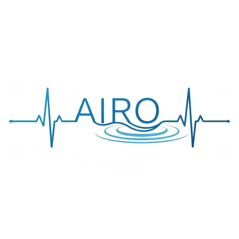 Flat-line ECG pulse passes horizontally through the “AIRO” text, converting midway into a water ripple. Thin clean stroke weight, two-tone blue. Represents “life in every drop.” Entirely flat vector, suitable for print and laser cut.