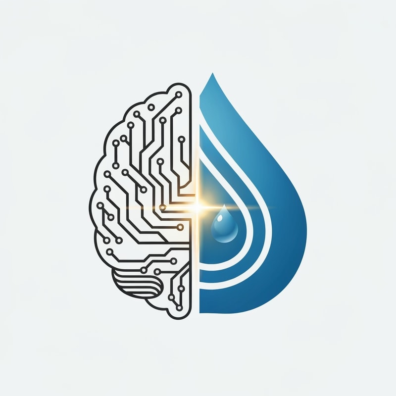 Half of the logo shaped like a human brain made from clean line circuits, the other half a stylized water droplet. Merge occurs at center with a glowing divide. Represents intelligence powering water purification. Perfect for AI-driven theme.