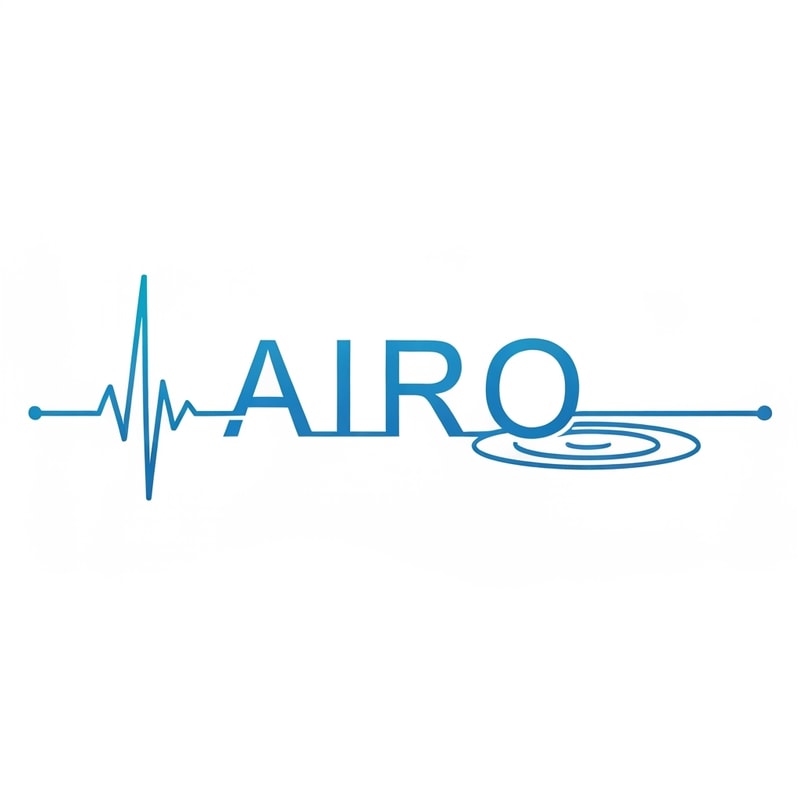 Flat-line ECG pulse passes horizontally through the “AIRO” text, converting midway into a water ripple. Thin clean stroke weight, two-tone blue. Represents “life in every drop.” Entirely flat vector, suitable for print and laser cut.