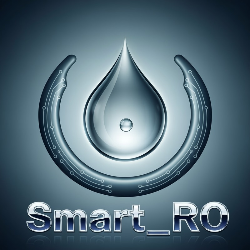 A droplet surrounded by two curved digital arms forming a soft embrace. Circuit nodes run along the arms. The droplet is crystal clear in the center. Smart_RO text in chrome and deep blue tones, reflecting