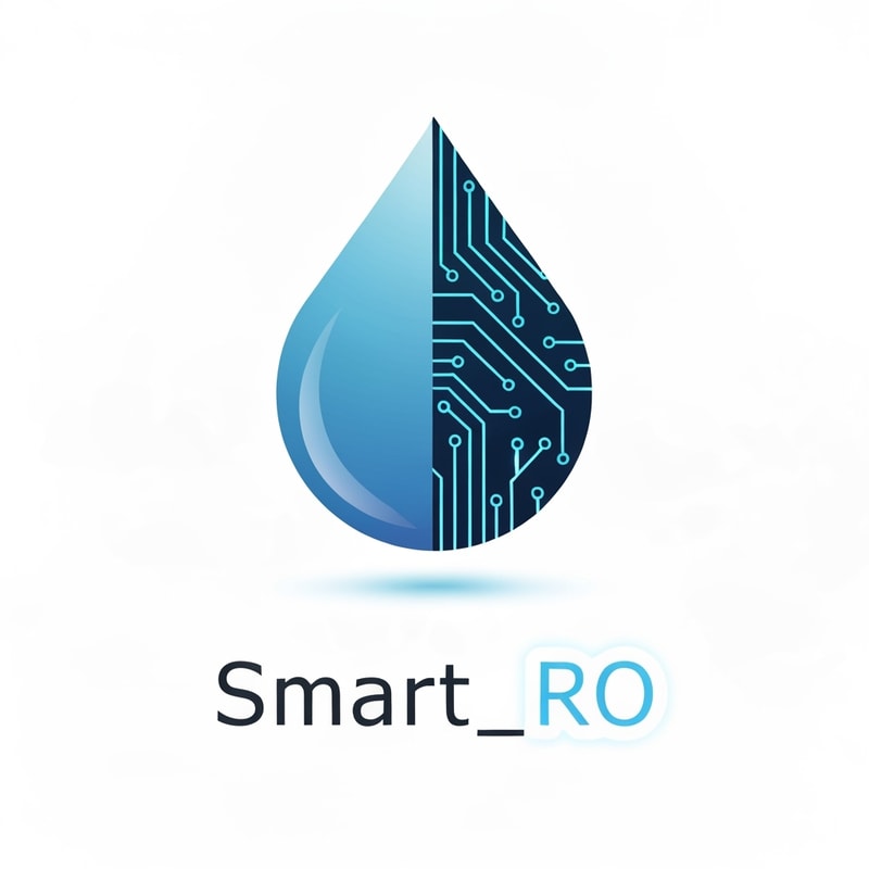 Split the droplet vertically: one side pure water gradient, the other digital circuit pattern. Below, Smart_RO written in sleek lowercase geometric typeface. The right half of text glows subtly, showing balance between natural care and AI control.