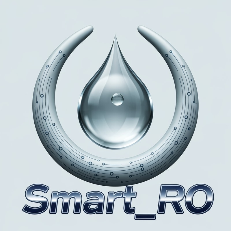 A droplet surrounded by two curved digital arms forming a soft embrace. Circuit nodes run along the arms. The droplet is crystal clear in the center. Smart_RO text in chrome and deep blue tones, reflecting