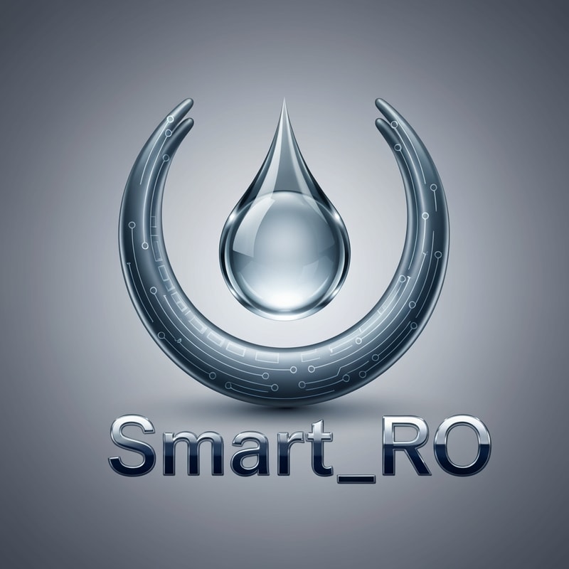 A droplet surrounded by two curved digital arms forming a soft embrace. Circuit nodes run along the arms. The droplet is crystal clear in the center. Smart_RO text in chrome and deep blue tones, reflecting