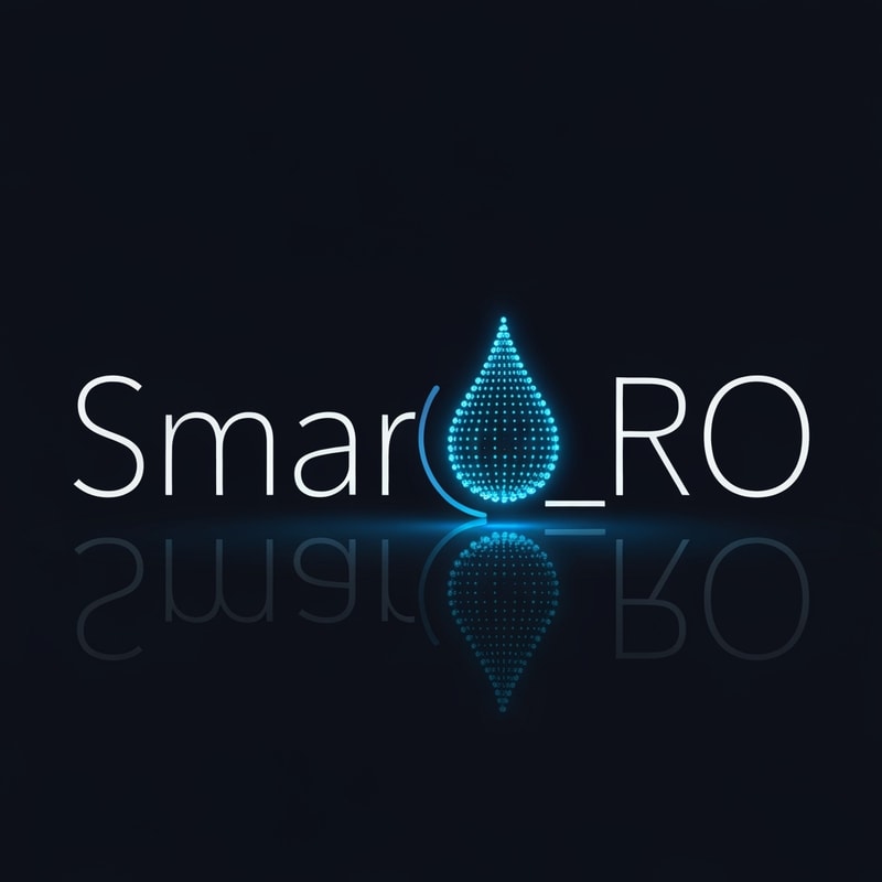 Design Smart_RO in clean geometric sans-serif letters, with the “O” replaced by a glowing digital droplet made of blue micro-pixels. The “R” slightly curves toward the droplet, showing intelligent water flow. Dark navy background with subtle neon reflection below.
