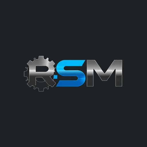 Professional logo design. Letterform for a company that manufactures industrial machinery named "RSM": Abstract representation of interlocking gears or machine parts forming the letters R, S, and M, Minimalist and modern, incorporating shades of deep industrial gray, brushed steel, and a pop of bright electric blue, Bold, sans-serif, geometric typeface with sharp edges, influenced by industrial design and brutalist architecture, Clean lines and precise geometric shapes, with a subtle metallic sheen, Solid, single color background (deep industrial gray).