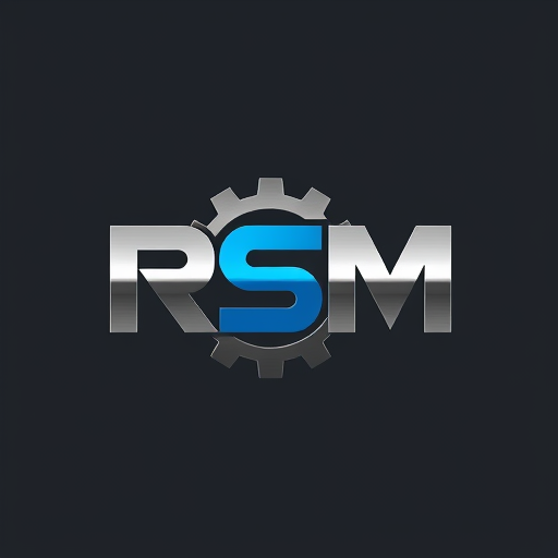 Professional logo design. Letterform for a company that manufactures industrial machinery named "RSM": Abstract representation of interlocking gears or machine parts forming the letters R, S, and M, Minimalist and modern, incorporating shades of deep industrial gray, brushed steel, and a pop of bright electric blue, Bold, sans-serif, geometric typeface with sharp edges, influenced by industrial design and brutalist architecture, Clean lines and precise geometric shapes, with a subtle metallic sheen, Solid, single color background (deep industrial gray).