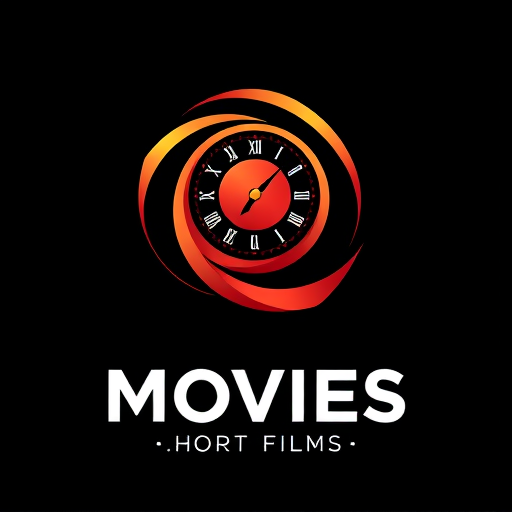 Professional logo design. Pictorial logo for a short films brand named "Short Movies": A film reel intertwined with a clock to symbolize time and storytelling, a vibrant color palette of deep reds and golds, modern sans-serif typography. Design influenced by contemporary cinema aesthetics, incorporating dynamic angles and flowing lines, with a dark gradient background to enhance the visual elements.