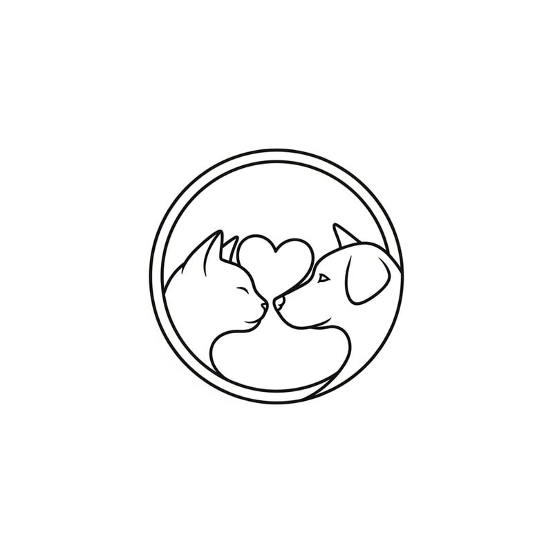 “A minimal, luxury-style line-art logo featuring a cat and a dog facing each other inside a rounded circular badge. The illustration should look elegant, smooth, and modern, using clean continuous strokes with balanced symmetry. The cat and dog profiles should be simple, expressive, and formed with thin line-art, creating a soft heart-like negative space between their faces. Use premium, high-end visual styling, no shading, no textures, no gradients. Render on a pure white background, centered, with crisp vector-like clarity.”