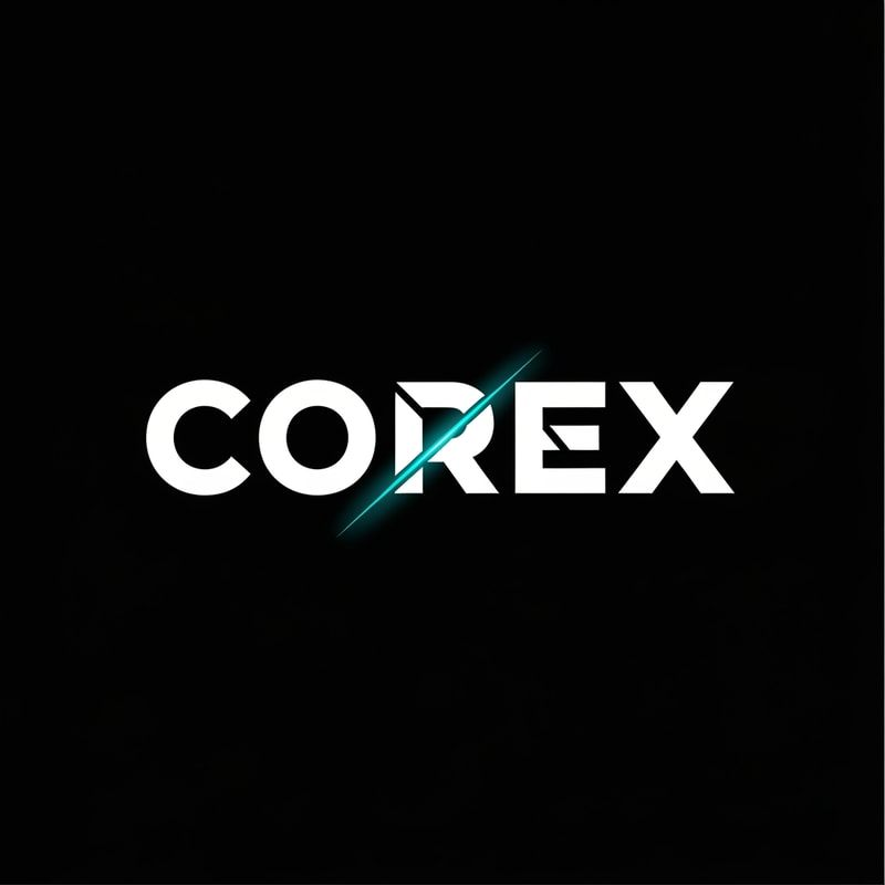 “A modern, bold wordmark logo reading ‘COREX’ in all capital letters. Clean sans-serif typography with strong geometric forms. The letters are white on a deep black background. The ‘X’ is customized with a subtle diagonal cut and a neon-teal accent glow, representing strength and energy. Minimal, premium, gym and fitness brand identity, flat design, no textures, no gradients, centered composition.”