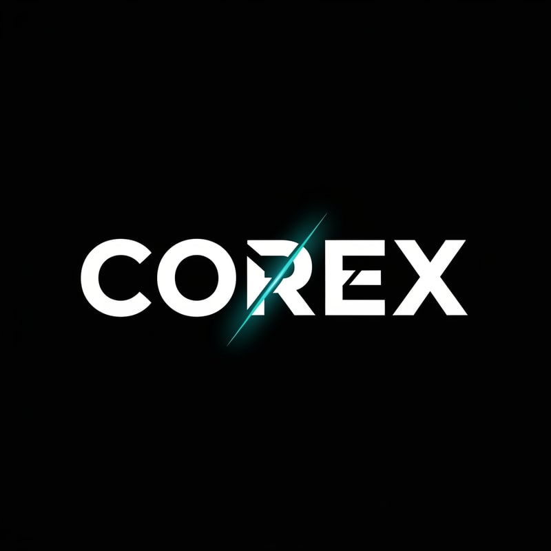 “A modern, bold wordmark logo reading ‘COREX’ in all capital letters. Clean sans-serif typography with strong geometric forms. The letters are white on a deep black background. The ‘X’ is customized with a subtle diagonal cut and a neon-teal accent glow, representing strength and energy. Minimal, premium, gym and fitness brand identity, flat design, no textures, no gradients, centered composition.”