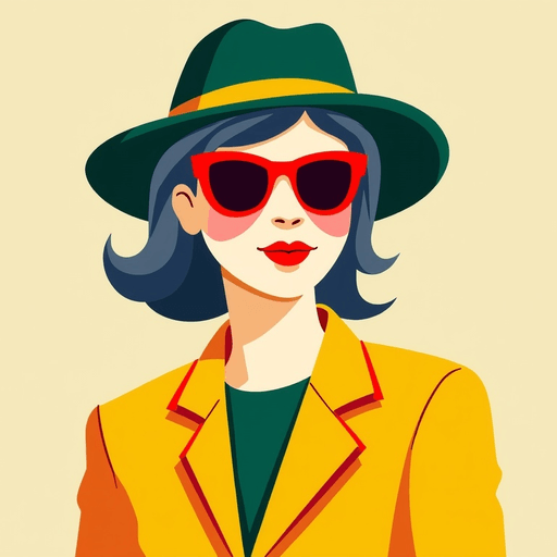 Professional logo design. old lady in a yellow suit with red sunglasses and green hat