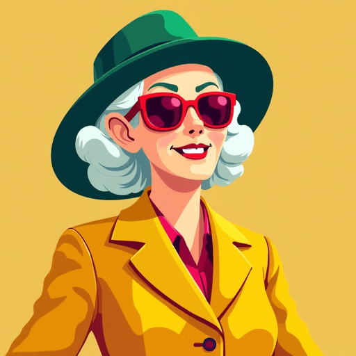 Professional logo design. old lady in a yellow suit with red sunglasses and green hat