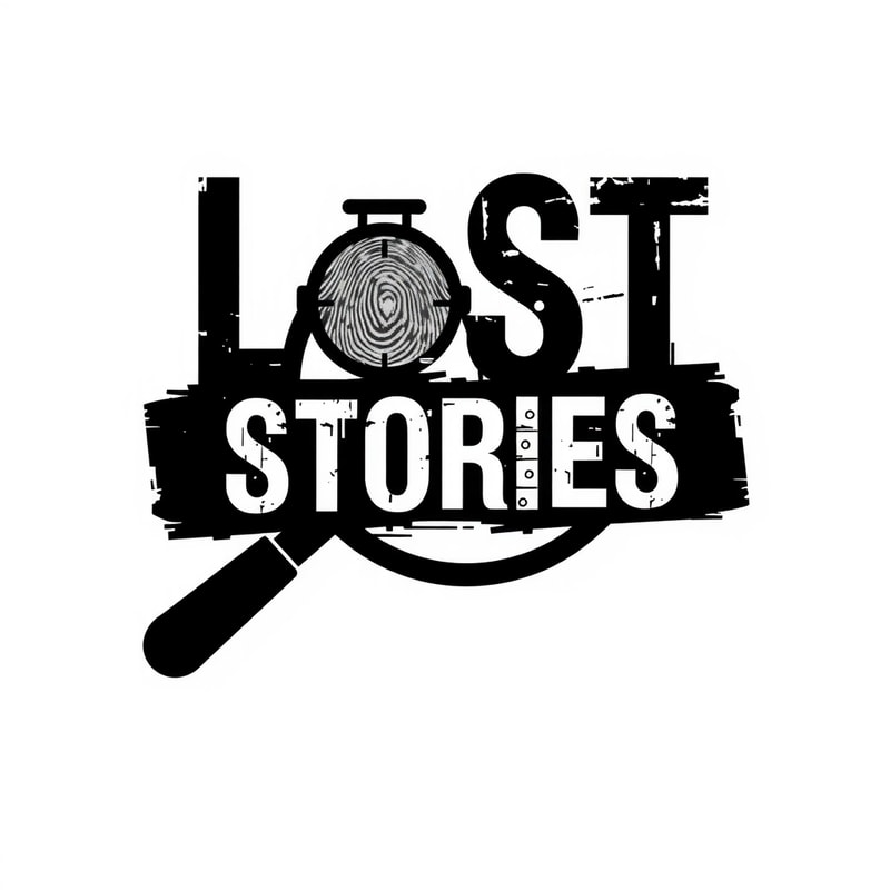 Design a cinematic, minimalist logo for a true crime documentary YouTube channel named LOST STORIES. The logo should have a mysterious and serious tone. Use dark colors like black, deep red, or dark gray. Incorporate subtle elements like a faded fingerprint, tape lines, or an outline of a magnifying glass. The font should be bold, slightly distressed, and modern, conveying suspense and realism. Avoid cartoonish or overly decorative styles.