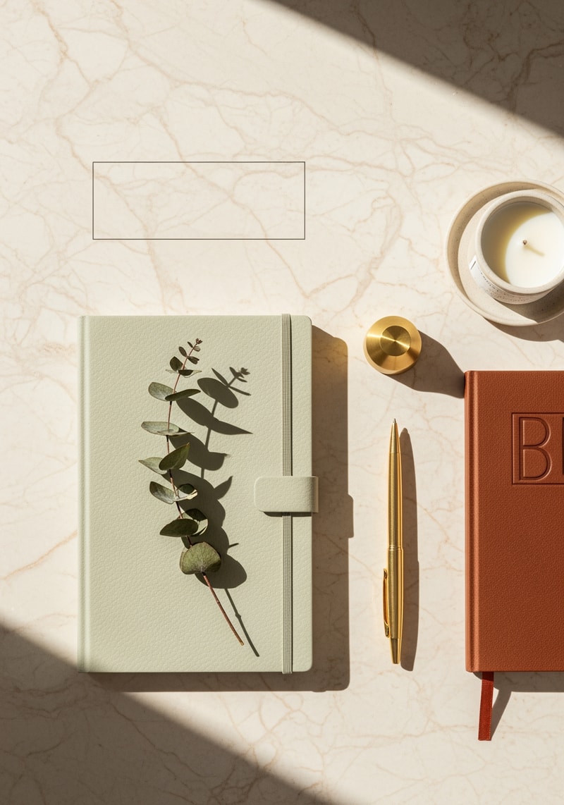 Flat lay photography of a curated, high-end lifestyle product on a soft textured marble surface, soft natural lighting, minimalist composition, centered, sharp focus, neutral tones, space at the top for brand name logo, high quality, luxury feel.