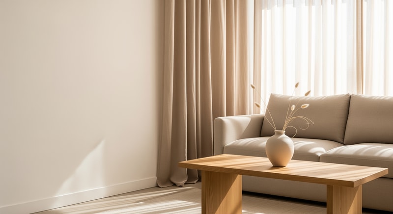 A serene, sun-drenched minimalist living space with a single high-quality ceramic vase and soft linen textures, neutral color palette, wide angle, professional interior photography, ample negative space on the left side for brand text, high-end aesthetic.