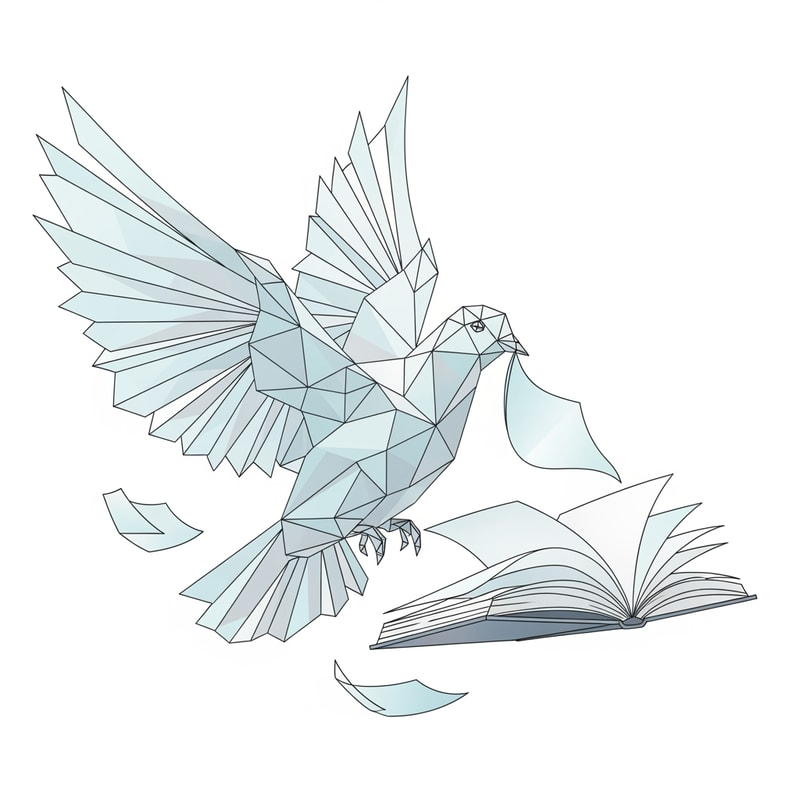 A dove carrying an open book — a stylized, geometric dove in flight, with the book's pages gently unfurling, minimalist, ethereal, soft pastel blues and gentle grays, serene and hopeful, modern illustration, subtle gradients, clean lines, soft white background.