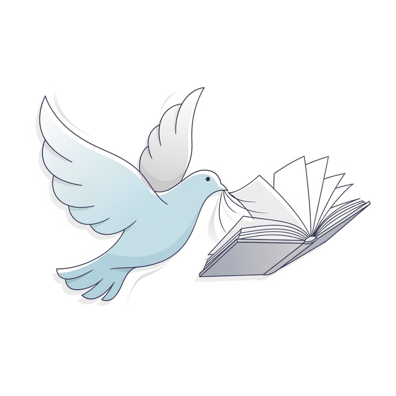 A dove carrying an open book — a stylized dove in flight, with the book's pages gently unfurling, minimalist, ethereal, soft pastel blues and gentle grays, serene and hopeful, modern illustration, subtle gradients, clean lines, soft white background.